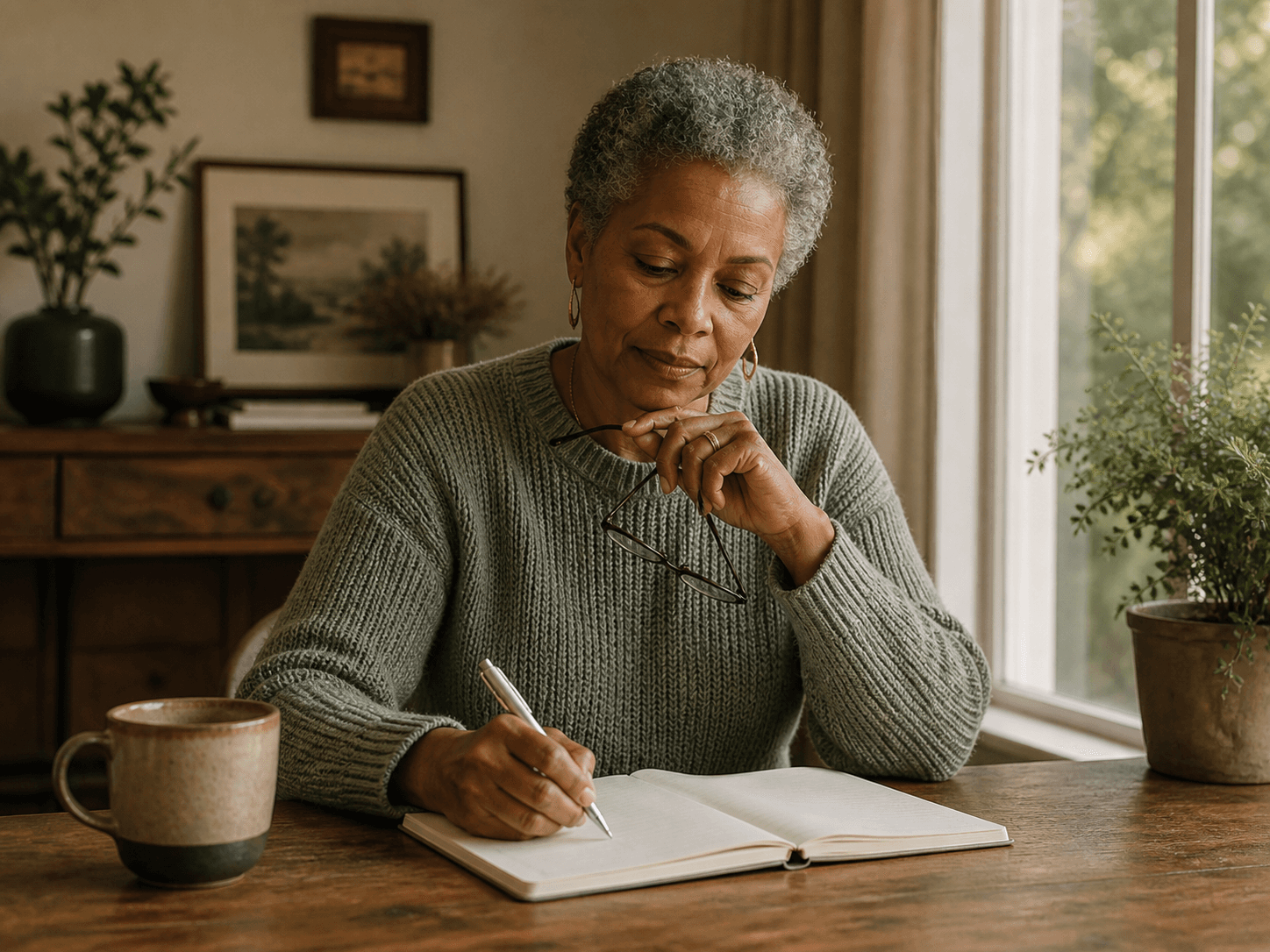 An older woman considering estate plans while writing in a notebook
