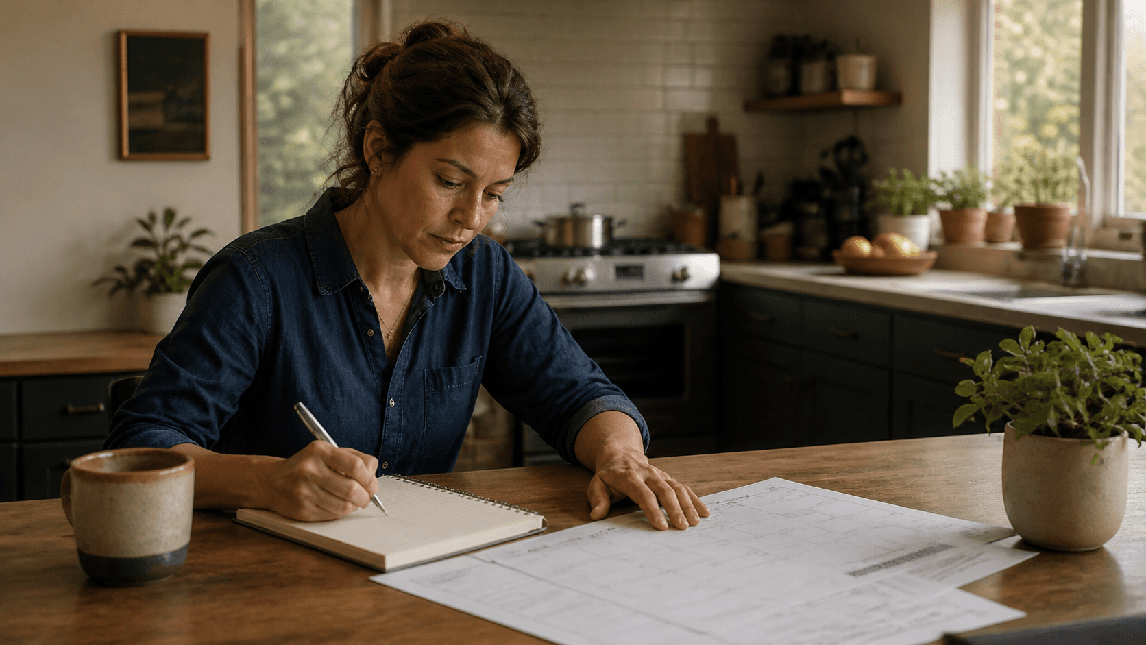 A woman writing notes beside family planning documents at a kitchen table