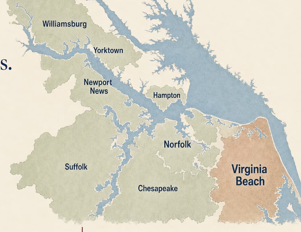 Watercolor map of the Hampton Roads region with Virginia Beach highlighted in warm terracotta and labeled areas for Williamsburg, Yorktown, Newport News, Hampton, Suffolk, Norfolk, Chesapeake, and Virginia Beach around slate-blue waterways