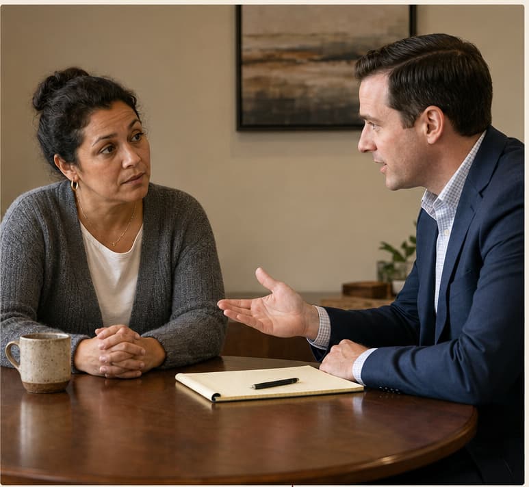 An attorney explains next steps across a table while his client listens face to face during a consultation